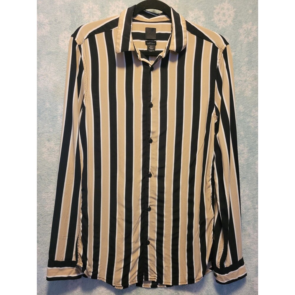 H&M Slim Fit Striped Button Up Shirt Small Black Beige Long Sleeve Preppy